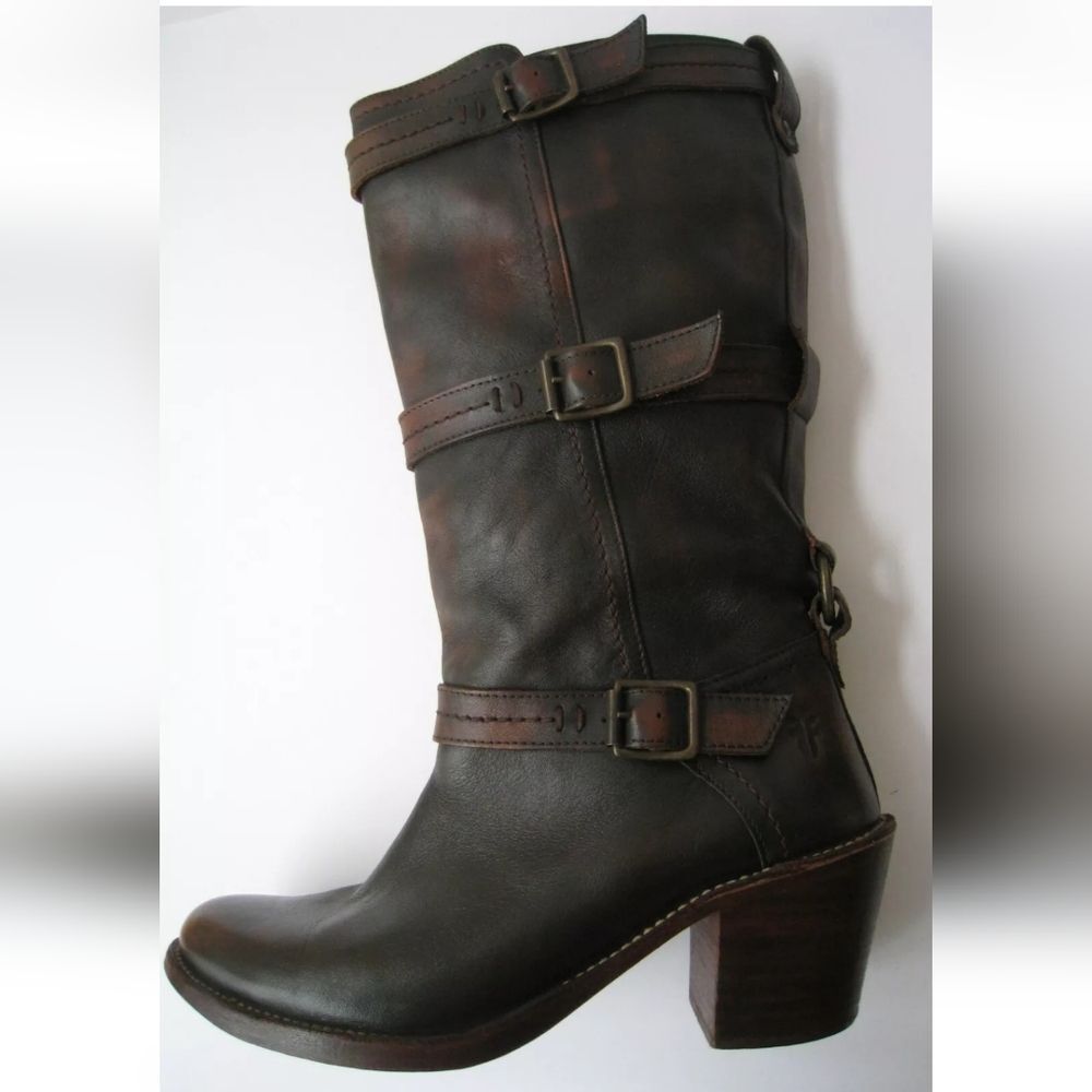FRYE Carmen 3 STRAP Block Heel Brown Distressed LEATHER BOOTS SIZE US 7B